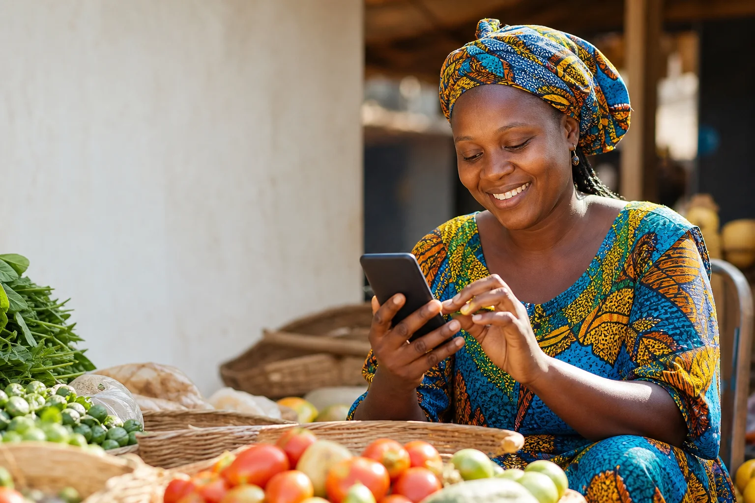 Une commerçante heureuse effectue sa transaction Essengo depuis son téléphone au marché